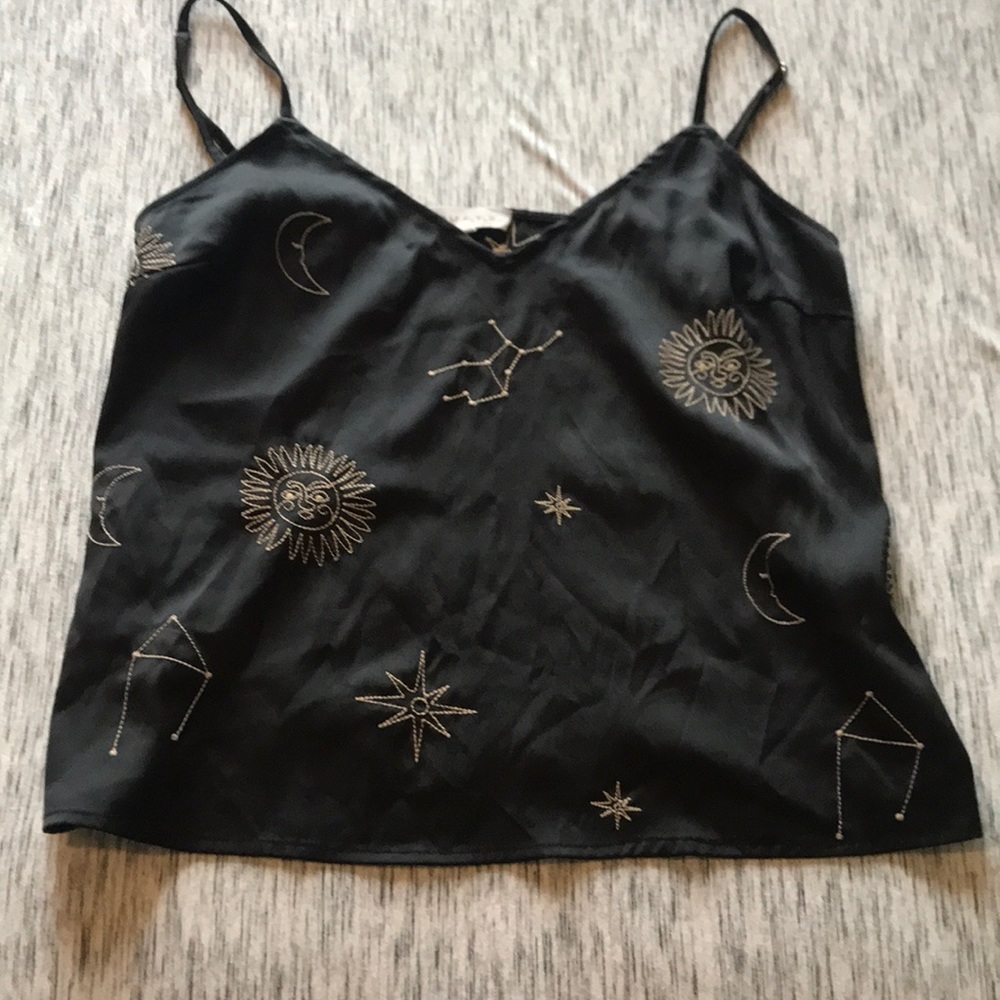 Black embroidered satin cami